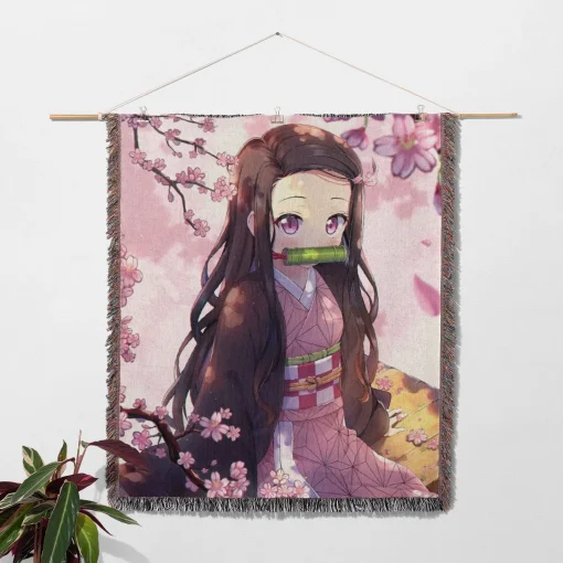 Demon Slayer Nezuko Woven Tapestry Throw Blanket - Cute yet fierce anime wall art - Image 2