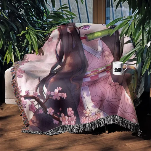 Demon Slayer Nezuko Woven Tapestry Throw Blanket - Cute yet fierce anime wall art - Image 3