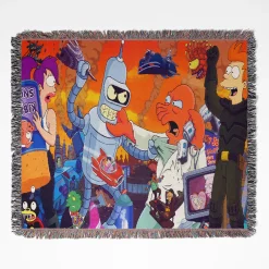 Futurama woven tapestry throw blanket, featuring unique wall rug design and cozy room decor, perfect as a gift for Futurama fans.