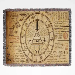 Bill Cipher's Symbols woven tapestry throw blanket, designed with mysterious wall rug and unique room decor, making it a perfect collectible accent for Gravity Falls fans.