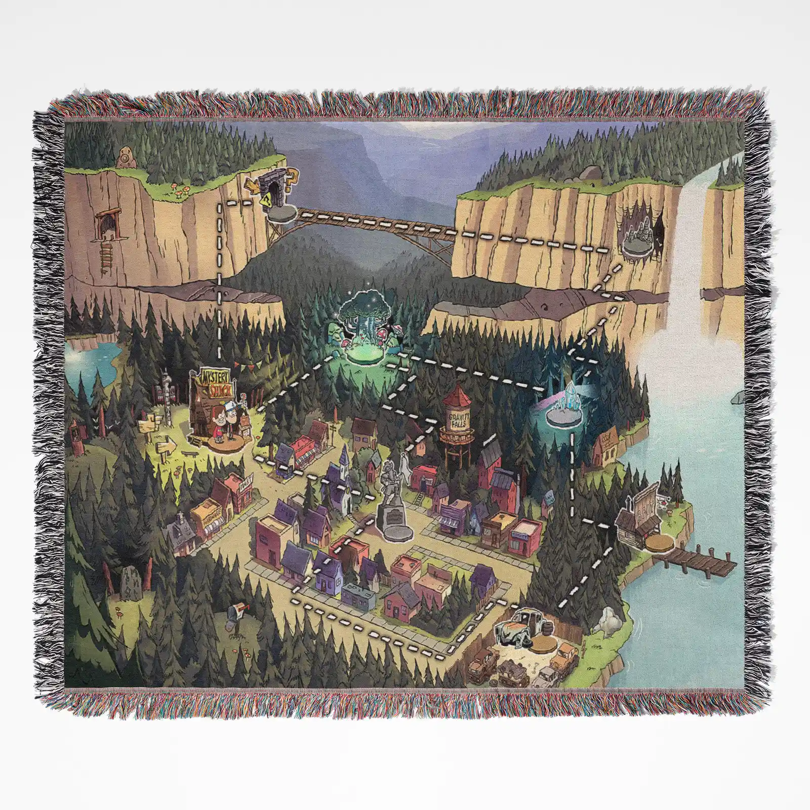 Gravity Falls Town Map woven tapestry throw blanket, featuring vintage wall art and cozy room decor, ideal as a perfect gift for Gravity Falls fans.