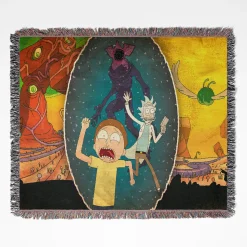 Rick and Morty woven tapestry throw blanket, featuring fun wall art and cool room decor, perfect as a collectible accent for Rick and Morty fans.
