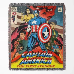 Captain America Comic Cover woven tapestry throw blanket, designed with a retro wall rug and fun room decor, making it an ideal gift for Captain America fans.