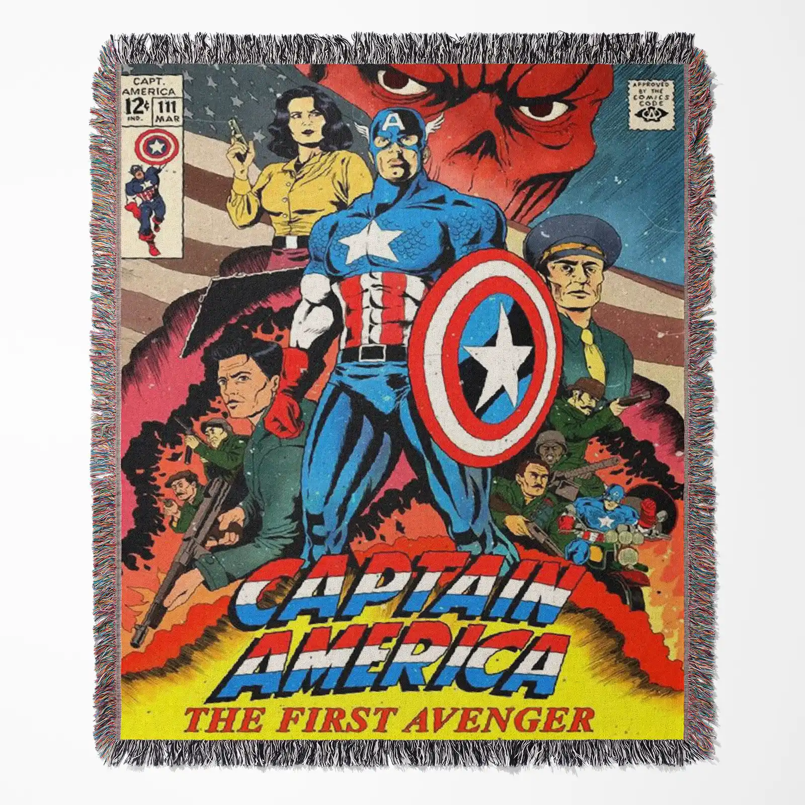 Captain America Comic Cover woven tapestry throw blanket, designed with a retro wall rug and fun room decor, making it an ideal gift for Captain America fans.