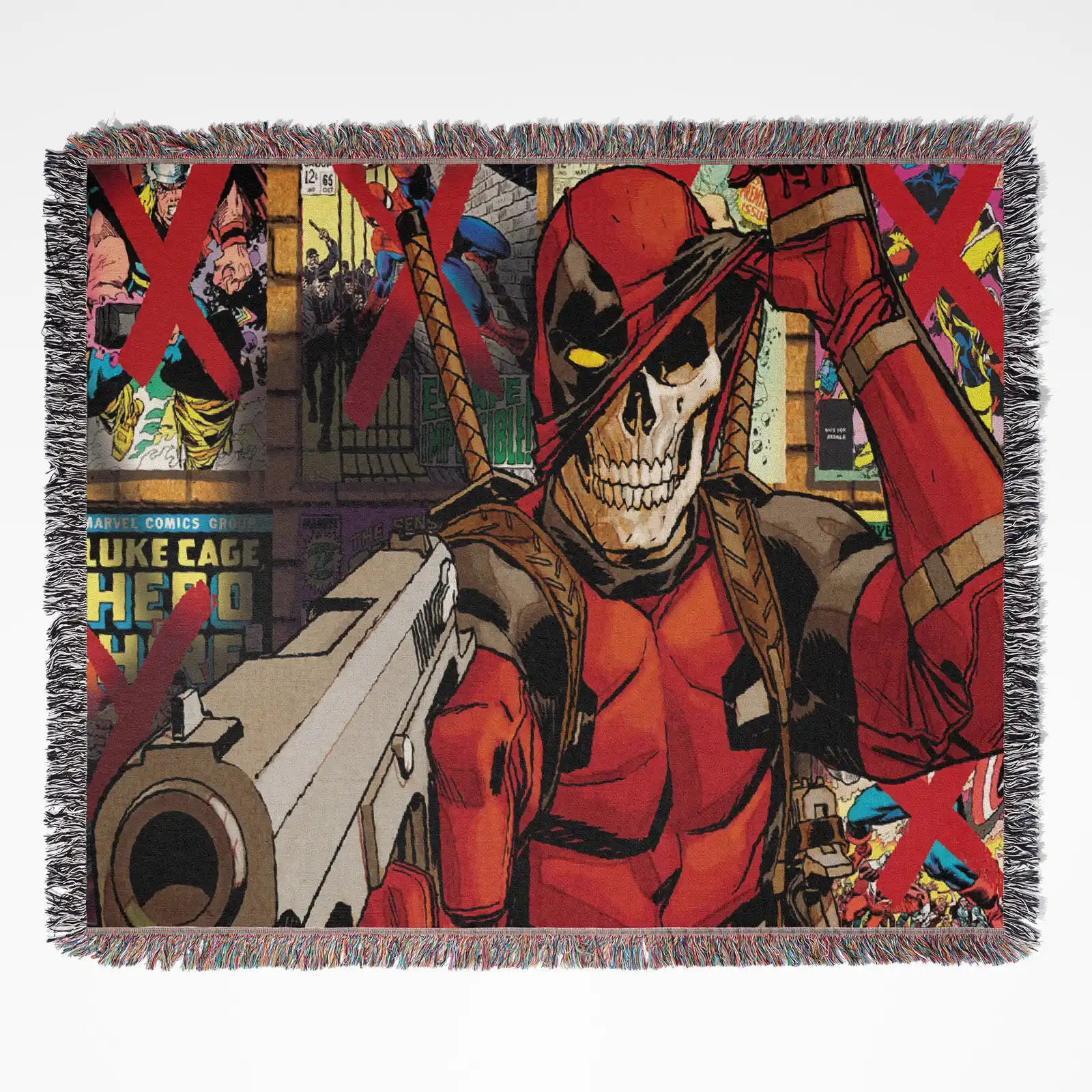 Deadpool woven tapestry throw blanket, designed as a stylish wall rug and cozy room decor, perfect as a gift for Deadpool fans.