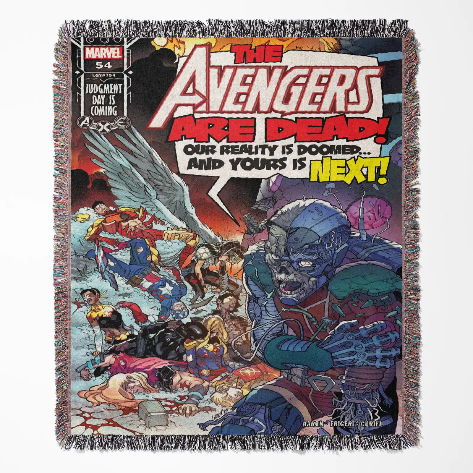 Avenger Comic Cover 2018 #54 woven tapestry throw blanket, offering unique wall art and bright room decor, perfect for Marvel fans and collectors.