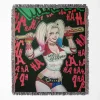 Harley Quinn woven tapestry throw blanket, offering bright wall art and cozy room decor, making it a perfect collectible accent for Harley Quinn fans.