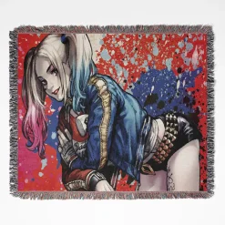 Harley Quinn woven tapestry throw blanket, featuring fun wall art and cool room decor, perfect for collectors and fans of the iconic DC character.