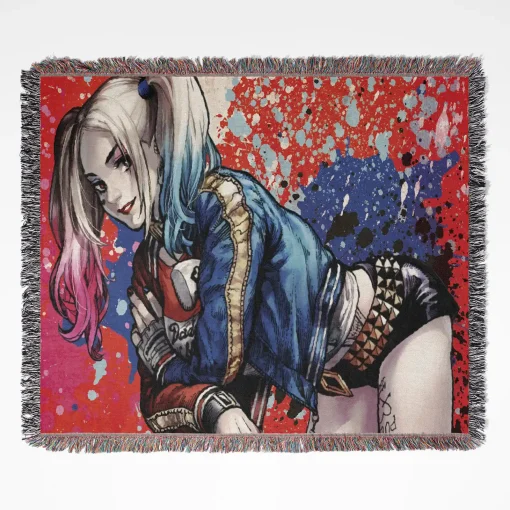Harley Quinn woven tapestry throw blanket, featuring fun wall art and cool room decor, perfect for collectors and fans of the iconic DC character.