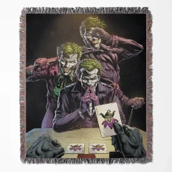 Joker woven tapestry throw blanket, featuring colorful wall art and unique room decor, ideal for collectors and fans of the iconic DC villain.