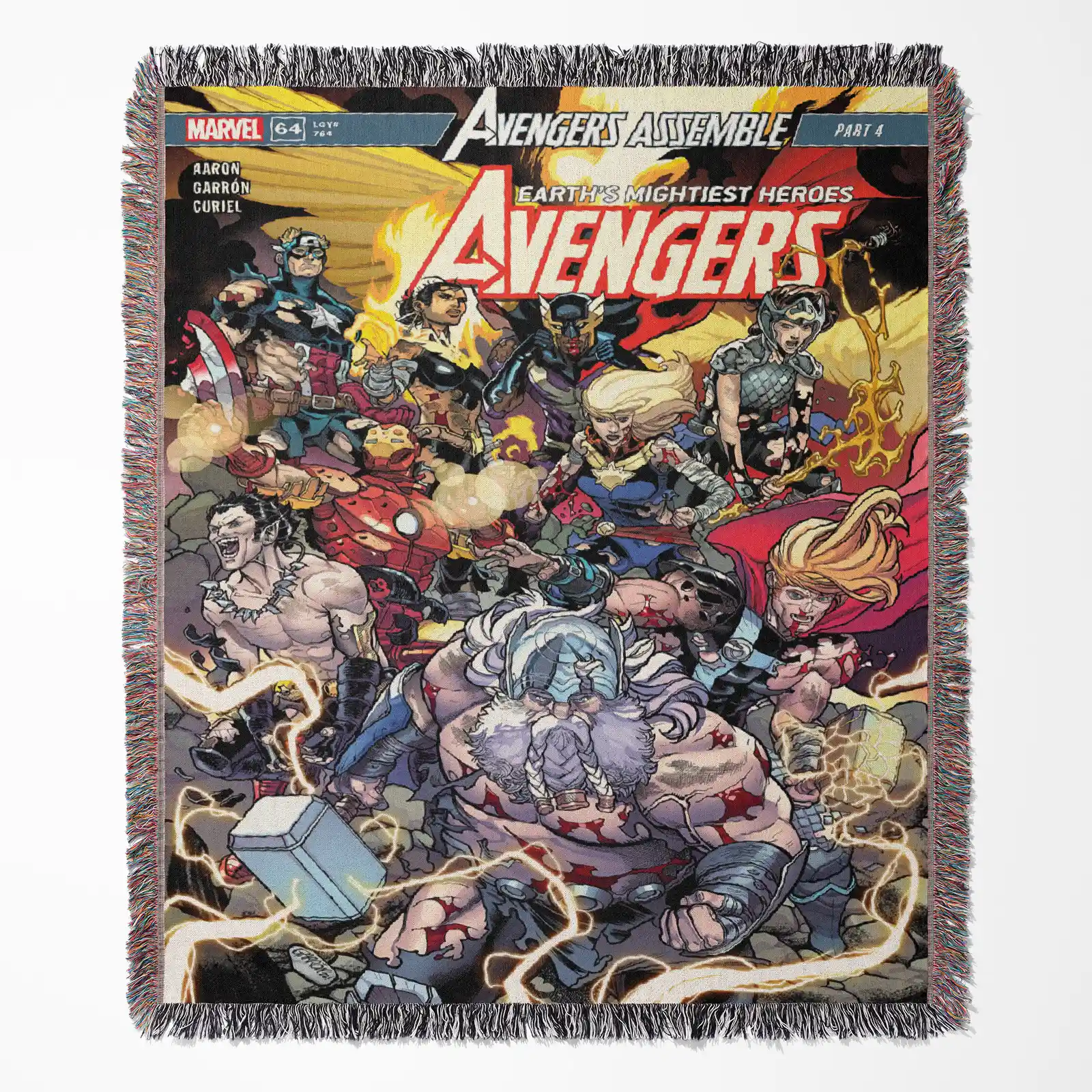 Avenger Comic Cover 2018 #64 woven tapestry throw blanket, featuring colorful wall art and cool room decor, making it an ideal collectible accent for Marvel fans.