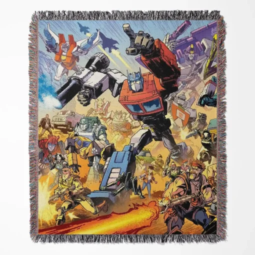 Transformers woven tapestry throw blanket, designed as stylish wall art and unique room decor, ideal for collectors and fans of the comic.
