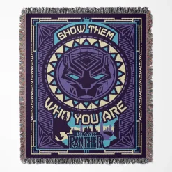Black Panther woven tapestry throw blanket, offering fun wall art and cozy room decor, ideal as a collectible accent for Black Panther fans.