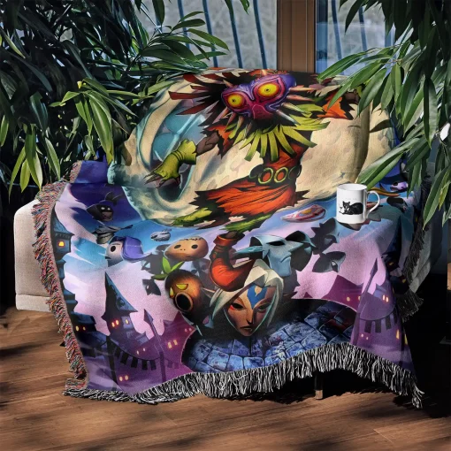 Zelda Majora’s Mask Woven Tapestry Throw Blanket – Fun Wall Art, Room Decor, Picnic Mat, Cozy Home Decor - Image 3