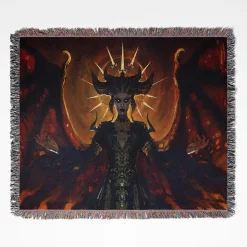 Diablo woven tapestry throw blanket, featuring dark fantasy wall art design and iconic room decor, making it the perfect gift for gamers.