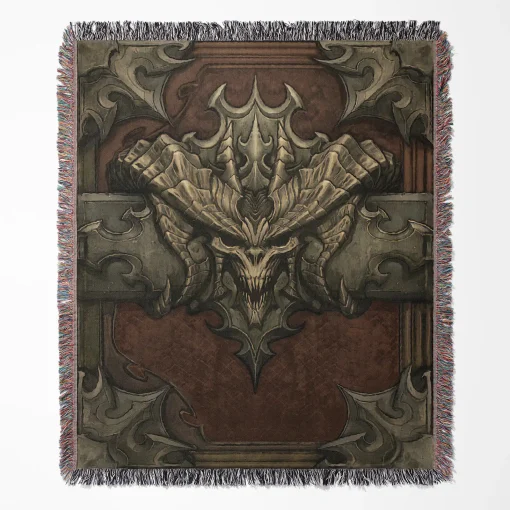 Diablo woven tapestry throw blanket, featuring dark wall art design and cozy room decor, making it the perfect gift for Diablo fans.