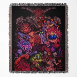 Doom Pixel woven tapestry throw blanket, offering unique wall art design and cozy throw functionality, making it perfect for Doom fans.