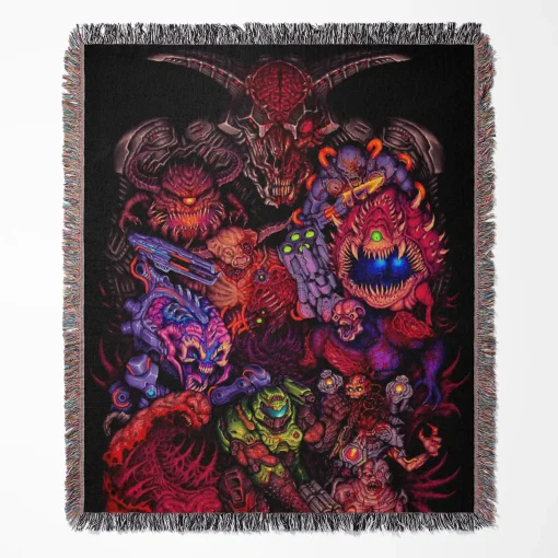 Doom Pixel woven tapestry throw blanket, offering unique wall art design and cozy throw functionality, making it perfect for Doom fans.