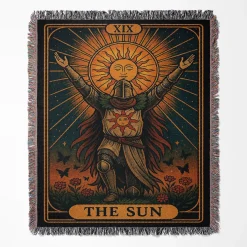 Elden Ring The Sun woven tapestry throw blanket, featuring fun wall rug design, picnic mat functionality, and room decor, perfect as a collectible accent for Elden Ring fans.