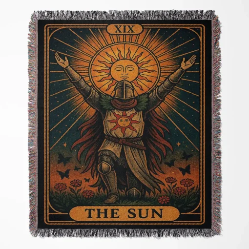 Elden Ring The Sun woven tapestry throw blanket, featuring fun wall rug design, picnic mat functionality, and room decor, perfect as a collectible accent for Elden Ring fans.