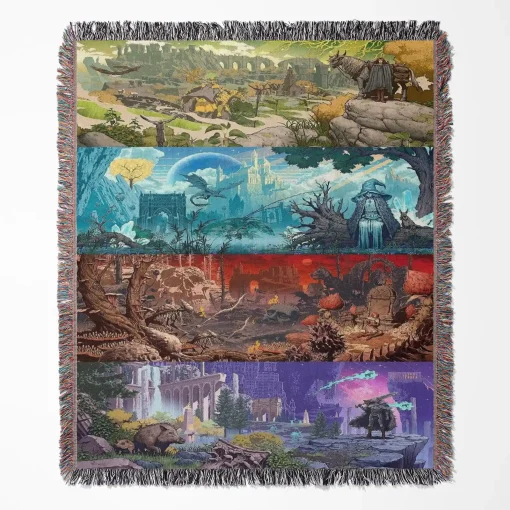 Elden Ring woven tapestry throw blanket, offering unique wall art design, picnic mat functionality, and room decor, making it the perfect gift for Elden Ring fans.