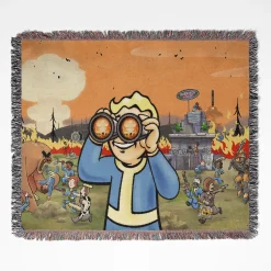 Fallout woven tapestry throw blanket, offering stylish room decor and cozy home decor, perfect as a gift idea for Fallout fans.