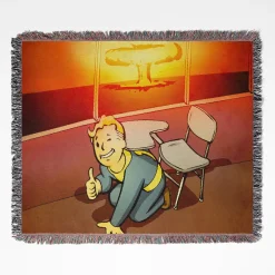 Fallout woven tapestry throw blanket, offering fun wall art design and picnic mat functionality, perfect as a collectible accent for Fallout fans.