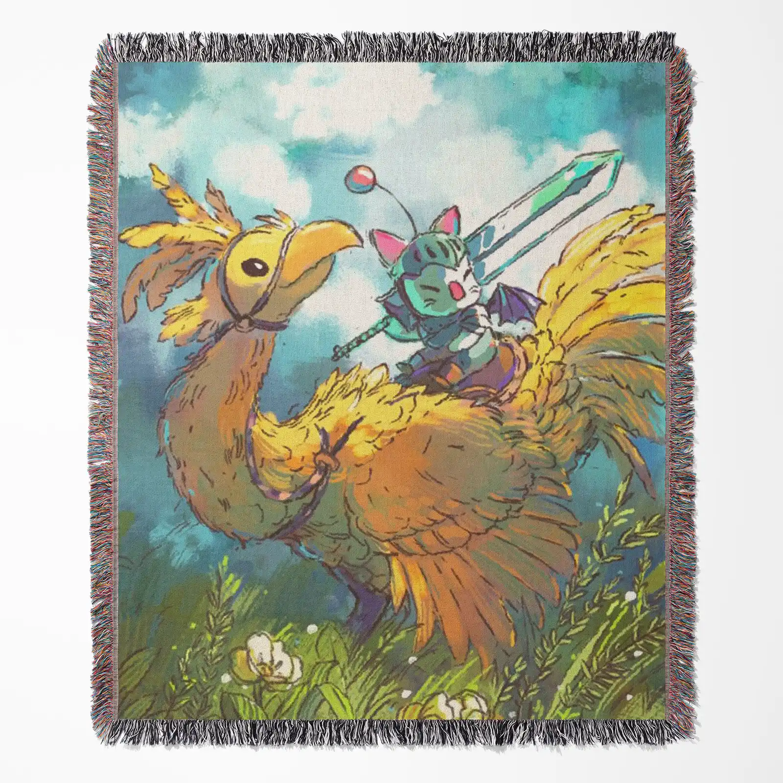 Chocobo woven tapestry throw blanket, featuring stylish wall rug design and room decor, perfect as a collectible item for Chocobo fans.