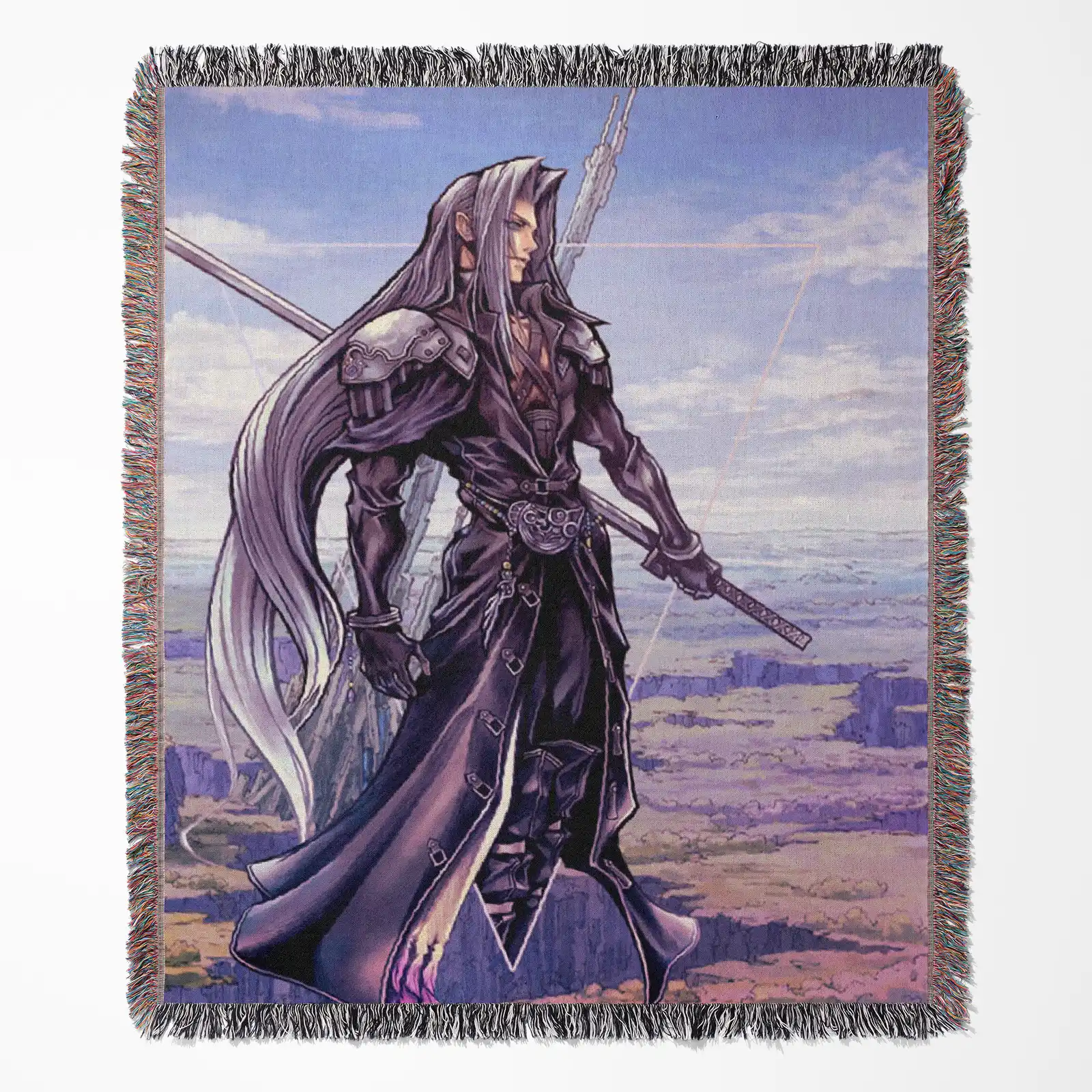 Sephiroth woven tapestry throw blanket, featuring cool wall art and room decor, perfect as a collectible accent for Sephiroth fans.