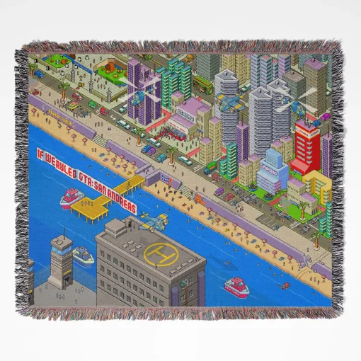 GTA Pixel San Andreas woven tapestry throw blanket, featuring stylish wall rug design and room decor, perfect as a collectible item for GTA fans.