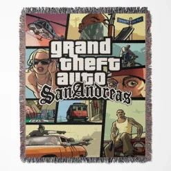 GTA San Andreas CD Cover woven tapestry throw blanket, offering fun wall art design and picnic mat functionality, perfect as a collectible accent for GTA fans.
