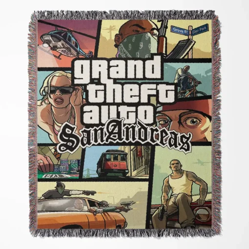 GTA San Andreas CD Cover woven tapestry throw blanket, offering fun wall art design and picnic mat functionality, perfect as a collectible accent for GTA fans.