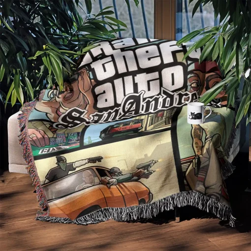 GTA San Andreas CD Cover Woven Tapestry Throw Blanket – Fun Wall Art, Room Decor, Picnic Mat, Perfect Collectible - Image 3