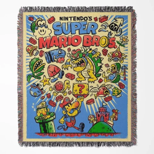 Mario Retro Poster woven tapestry throw blanket, offering stylish wall rug design and room decor, perfect as a collectible item for Mario fans.
