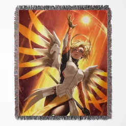 Overwatch Mercy woven tapestry throw blanket, featuring unique wall art and cozy home decor, ideal as the perfect gift for Overwatch fans.