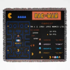 Pac-Man woven tapestry throw blanket, designed with cute wall art and cozy home decor, making it the perfect gift for Pac-Man fans.