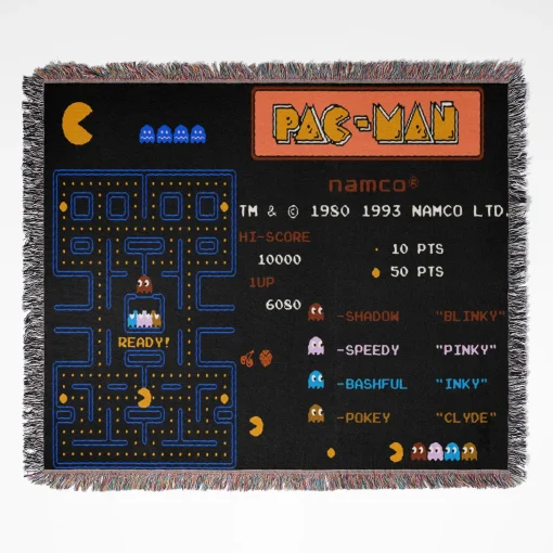 Pac-Man woven tapestry throw blanket, designed with cute wall art and cozy home decor, making it the perfect gift for Pac-Man fans.