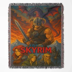Skyrim woven tapestry throw blanket, designed with cool wall art and room decor, ideal as a collectible gift for Skyrim enthusiasts.