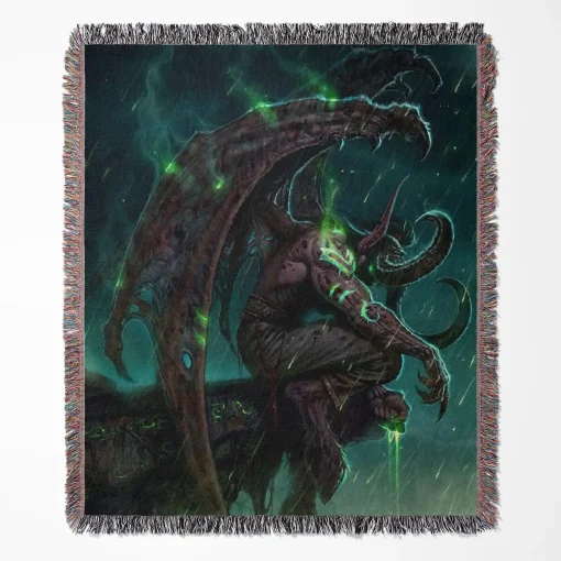 World of Warcraft Illidan woven tapestry throw blanket, featuring epic wall rug design, room decor, and cozy home decor, perfect as a collectible for World of Warcraft fans.
