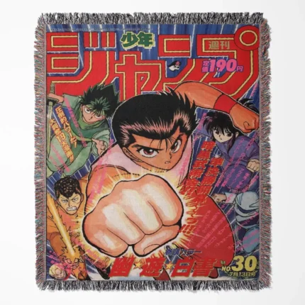 Yu Yu Hakusho woven tapestry throw blanket, featuring retro wall art and cozy room decor, perfect for collectors and anime enthusiasts.