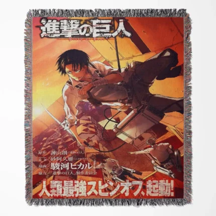 Levi Ackerman woven tapestry throw blanket, epic wall art and cozy room decor, perfect as an ideal gift for Attack on Titan fans who admire Levi's strength and character.