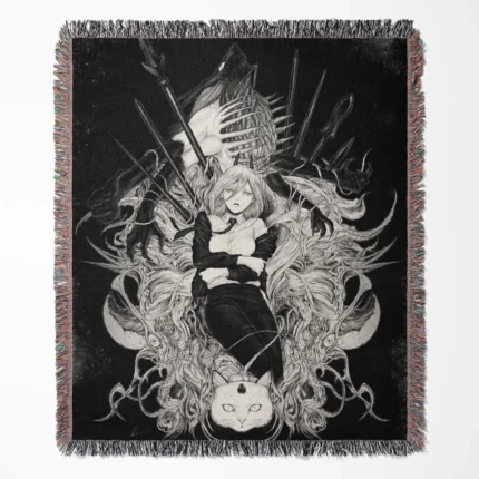 Chainsaw Man Power woven tapestry throw blanket, bold and dynamic wall art, perfect for room and home decor, an ideal gift for fans of Power from Chainsaw Man.