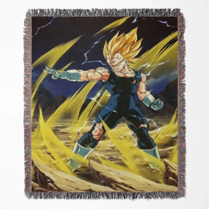 Dragon Ball Vegeta woven tapestry throw blanket, bold wall art and room decor, a perfect home accent for Dragon Ball fans who admire Vegeta's strength and pride.