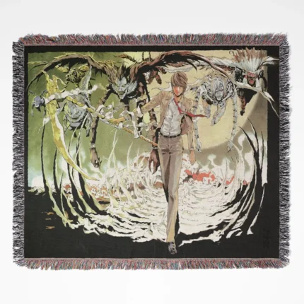 Death Note Light Yagami woven tapestry throw blanket, featuring Light Yagami’s iconic character, perfect as wall art, room decor, and an ideal gift for Death Note fans.
