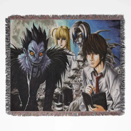 Death Note woven tapestry throw blanket, dark and intense wall art, a collectible accent piece for any room inspired by the iconic Death Note series.