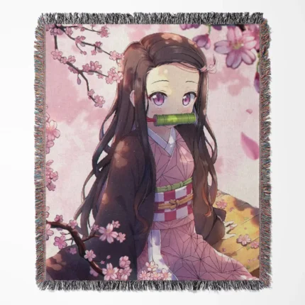 Demon Slayer Nezuko woven tapestry throw blanket, cute wall art and fierce room decor, ideal as a gift for fans of Nezuko and the Demon Slayer series.