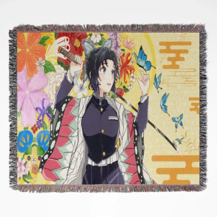 Demon Slayer Shinobu woven tapestry throw blanket, elegant wall art and room decor, perfect as a gift for fans of the Demon Slayer series and the character Shinobu.