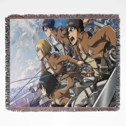 Attack on Titan woven tapestry throw blanket, epic wall art and room decor, ideal as a gift for fans of Attack on Titan, adding a bold and dramatic touch to any space.