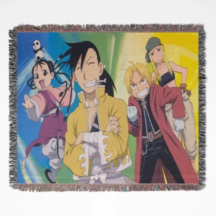 Fullmetal Alchemist woven tapestry throw blanket, steampunk-inspired wall art and room decor, ideal as a collectible gift for Fullmetal Alchemist fans.