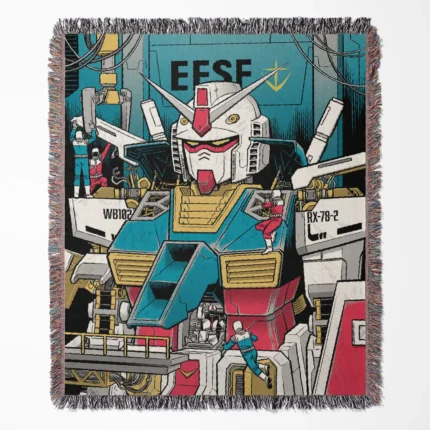 Gundam woven tapestry throw blanket, bold room decor and cozy throw, ideal for Gundam fans who want a mecha-inspired accent piece for their home.